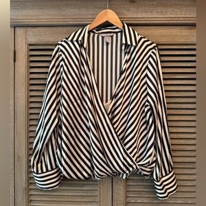 H&M Satin Black and White long-Sleeved Striped Women's Blouse